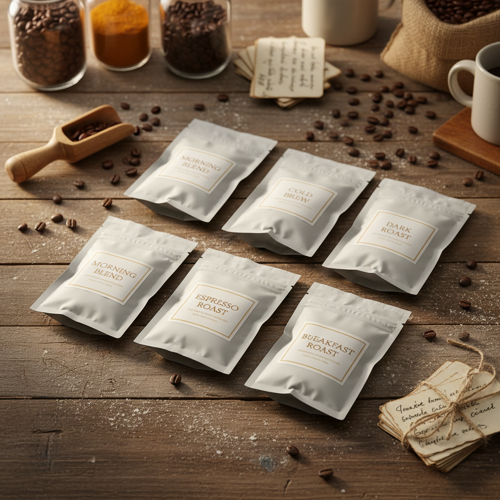 Best Sellers Sample Pack - 6 white 2oz coffee pouches with beige lettering on a rustic wood surface